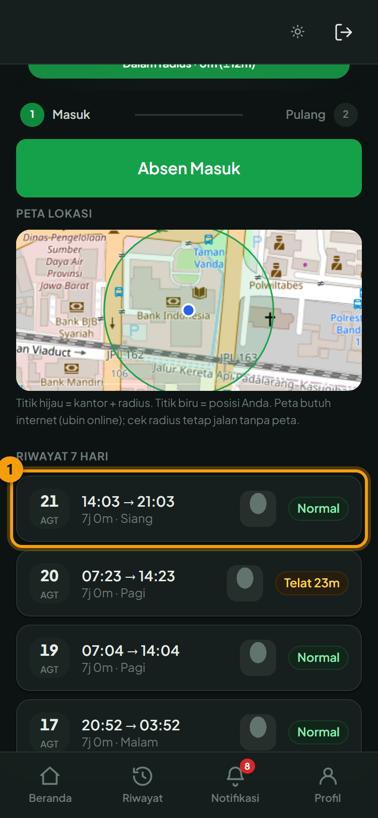 Riwayat 7 Hari di bawah peta: ① jam masuk, jam pulang, dan status tiap hari