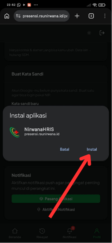 Chrome meminta konfirmasi — ketuk Instal