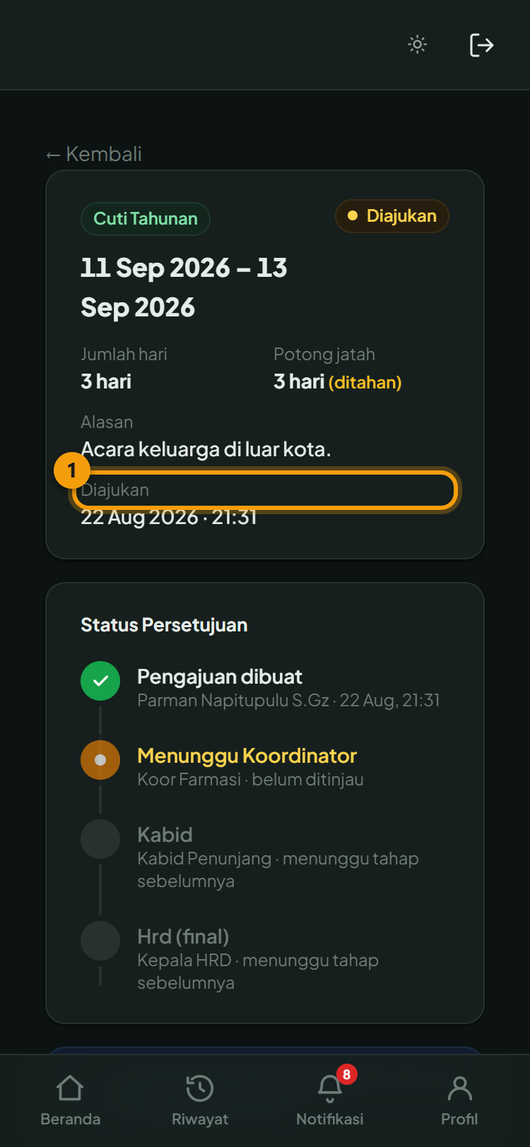 Detail pengajuan: ① status berjalan, di bawahnya riwayat tiap tahap penyetuju