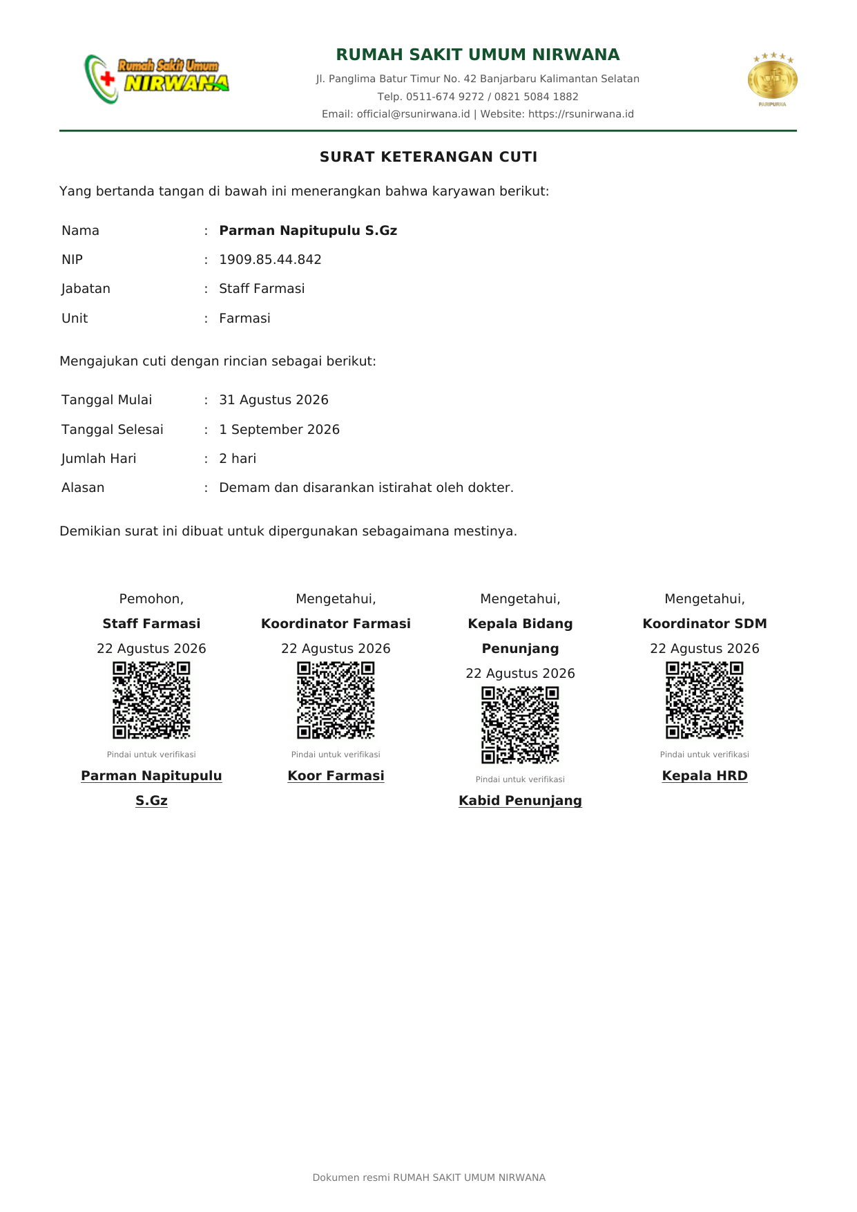 Surat keterangan cuti — tiap pihak yang menyetujui punya kode QR-nya sendiri
