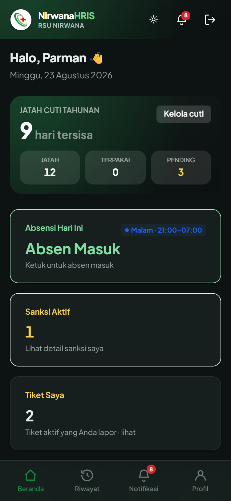 Beranda: ① kartu Absensi Hari Ini, ② kartu Jatah Cuti