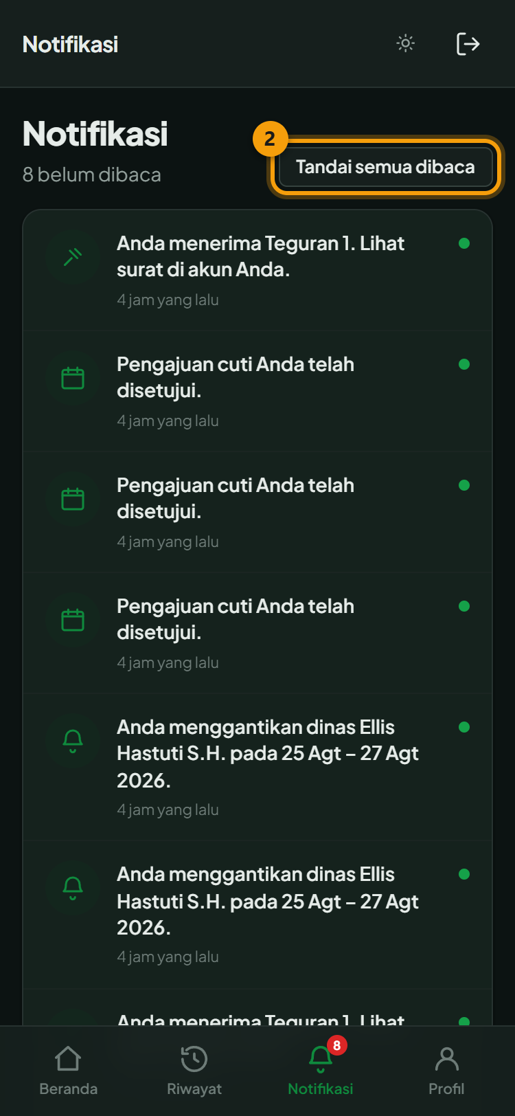 Notifikasi: ② tombol tandai semua dibaca; angka merah menunjukkan yang belum dibaca