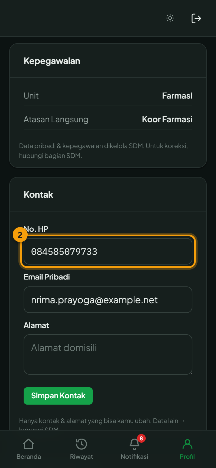 Profil: ② kontak yang boleh Anda ubah sendiri