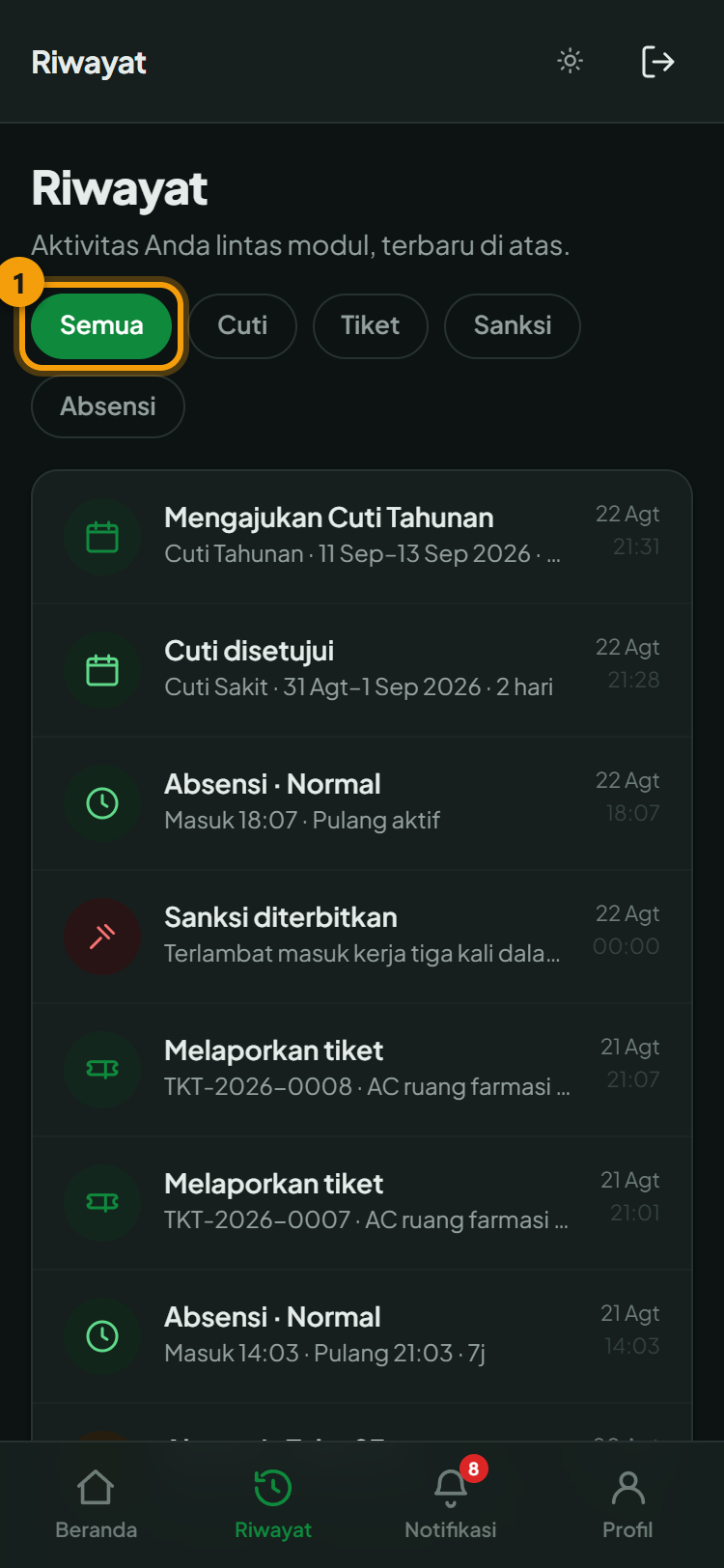 Riwayat: ① tombol saring per jenis aktivitas