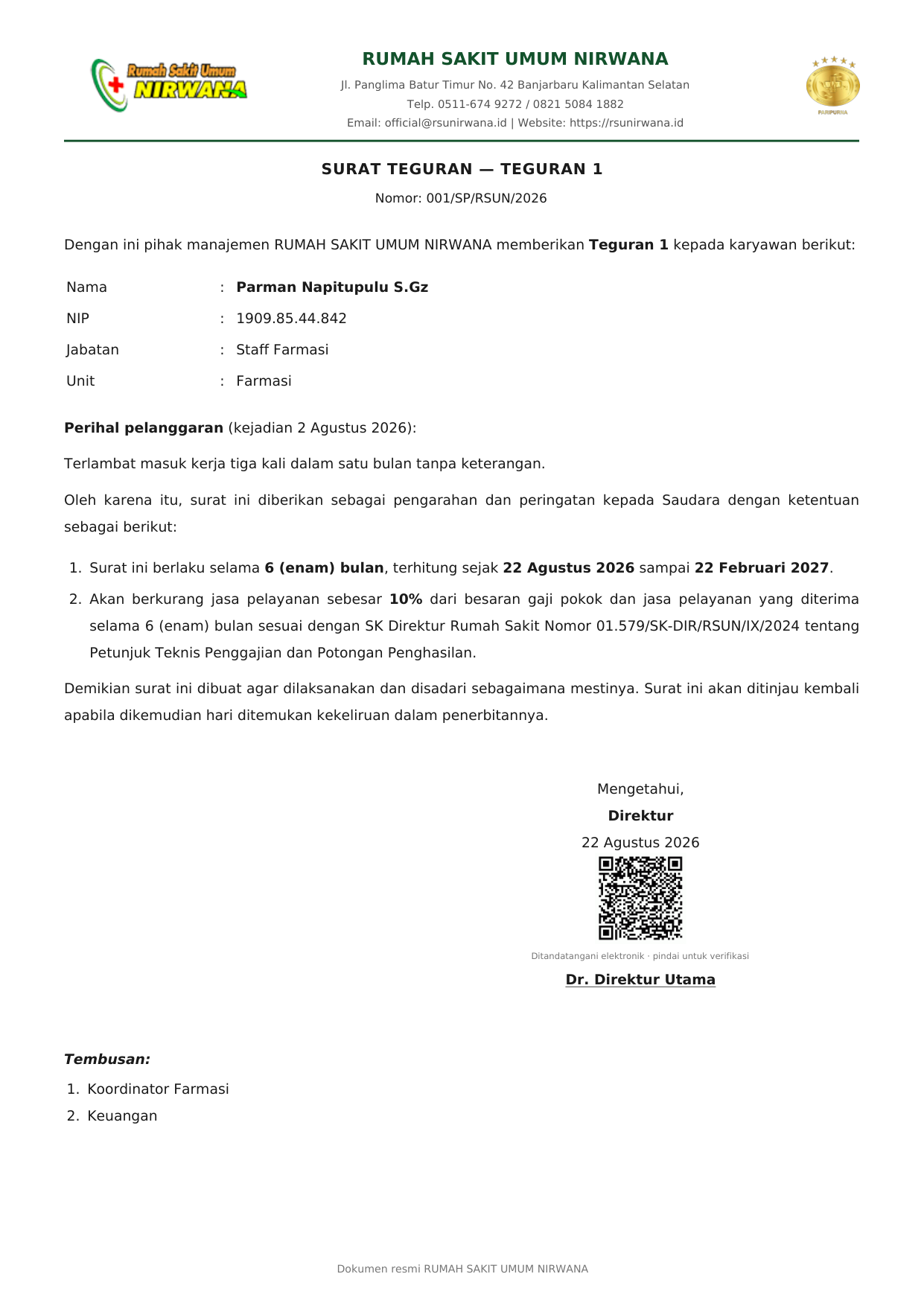 Halaman pertama surat teguran, lengkap dengan QR tanda tangan penerbit