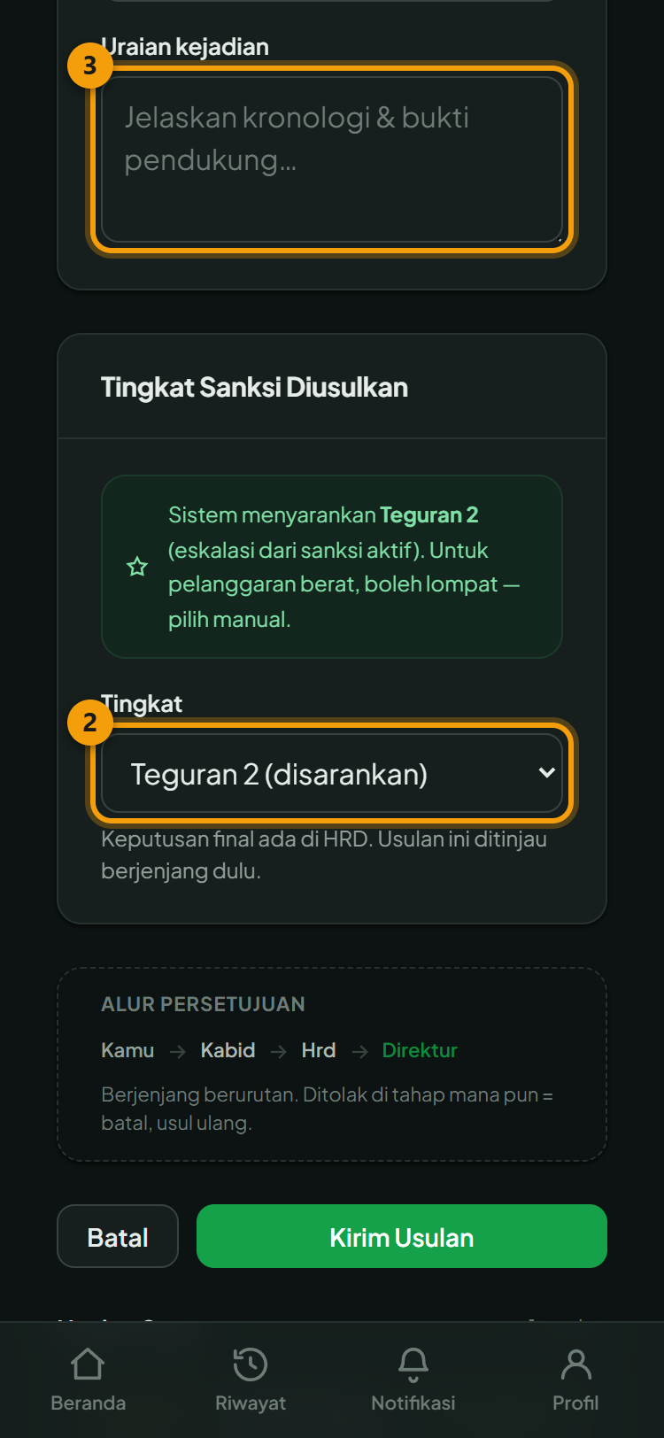 Form usulan: ② tingkat sanksi (sudah disarankan sistem), ③ uraian pelanggaran