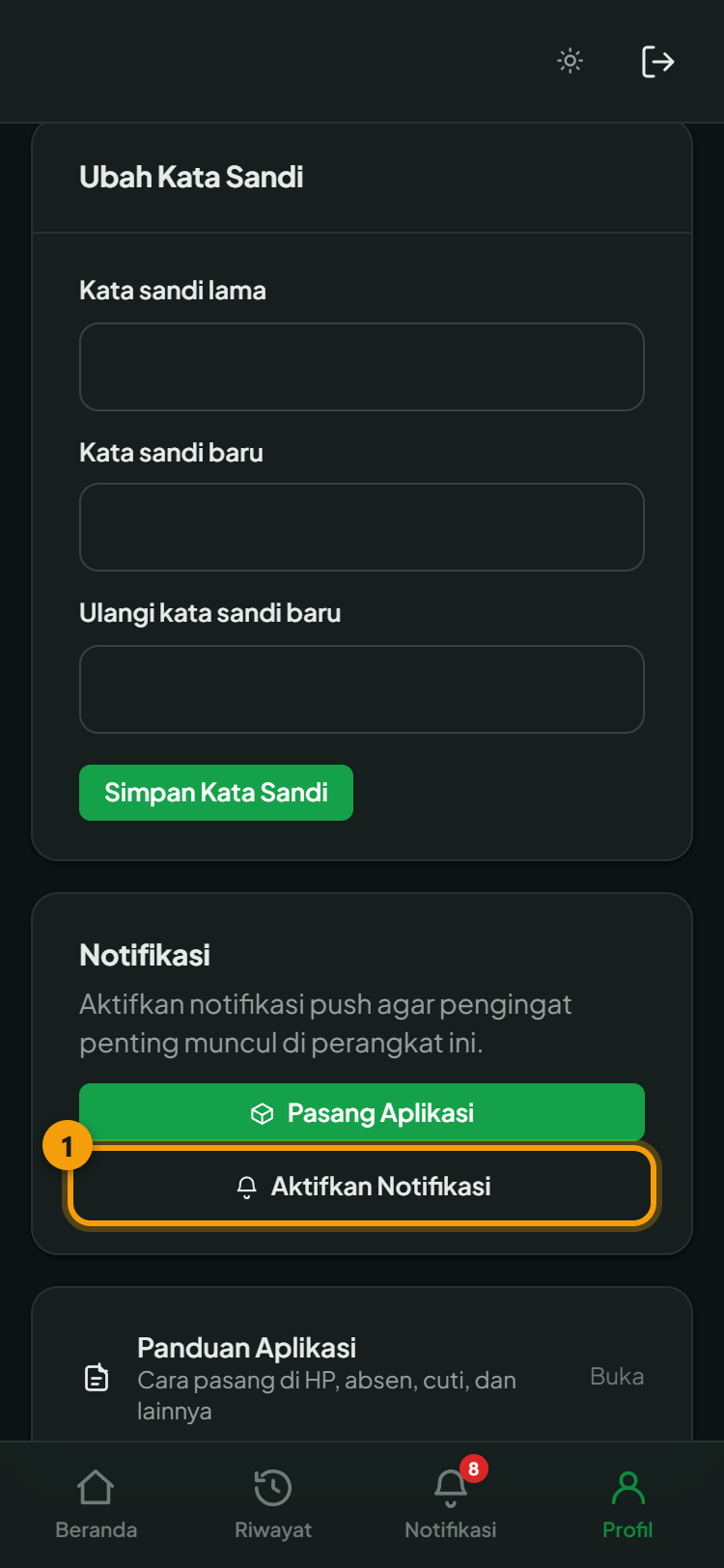 Tombol Aktifkan Notifikasi di halaman Profil