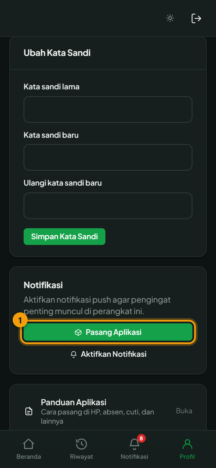Tombol Pasang Aplikasi di halaman Profil — muncul bila Chrome menawarkan pemasangan