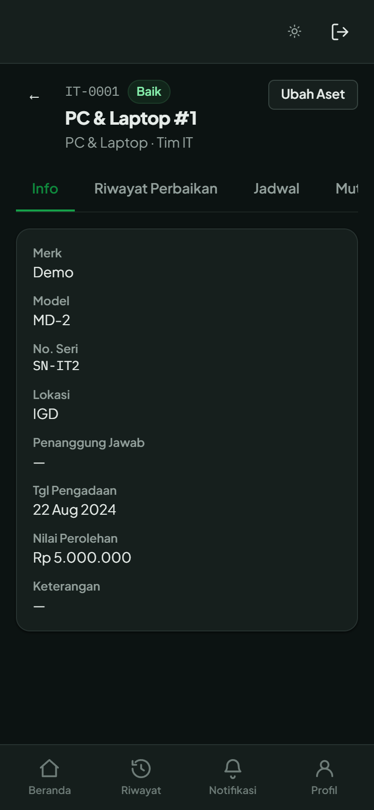 Detail aset: mutasi antar unit, jadwal pemeliharaan, dan lampiran berkas