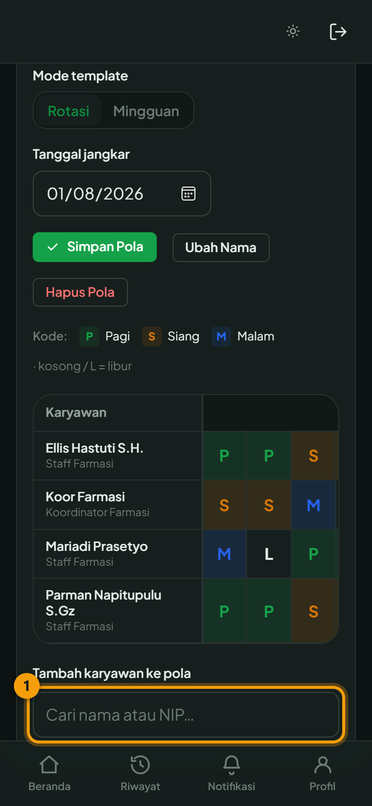 ① Kotak pencarian untuk menambahkan anggota ke pola