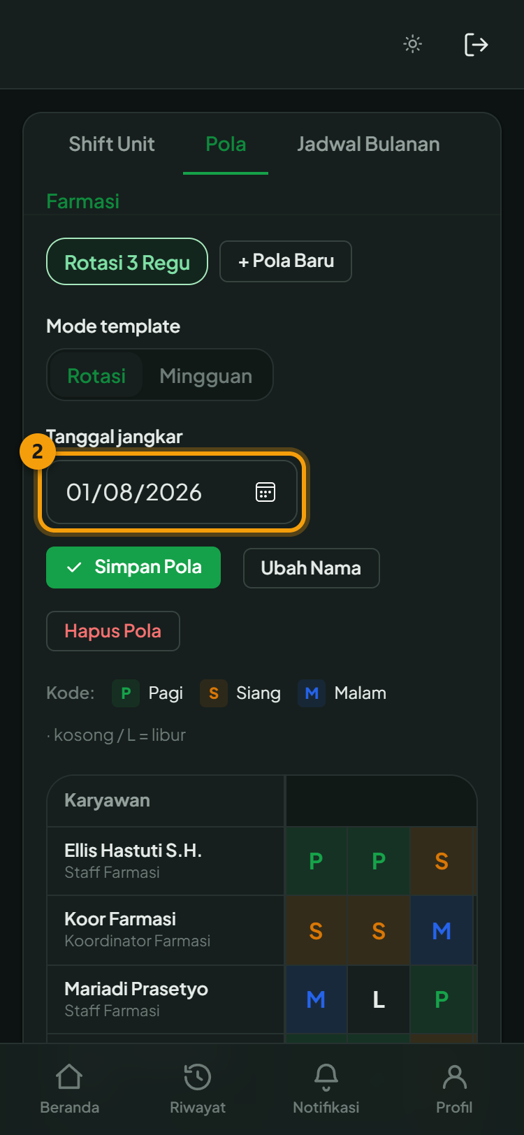 Tab Pola: ② tanggal jangkar menentukan kolom pertama siklus