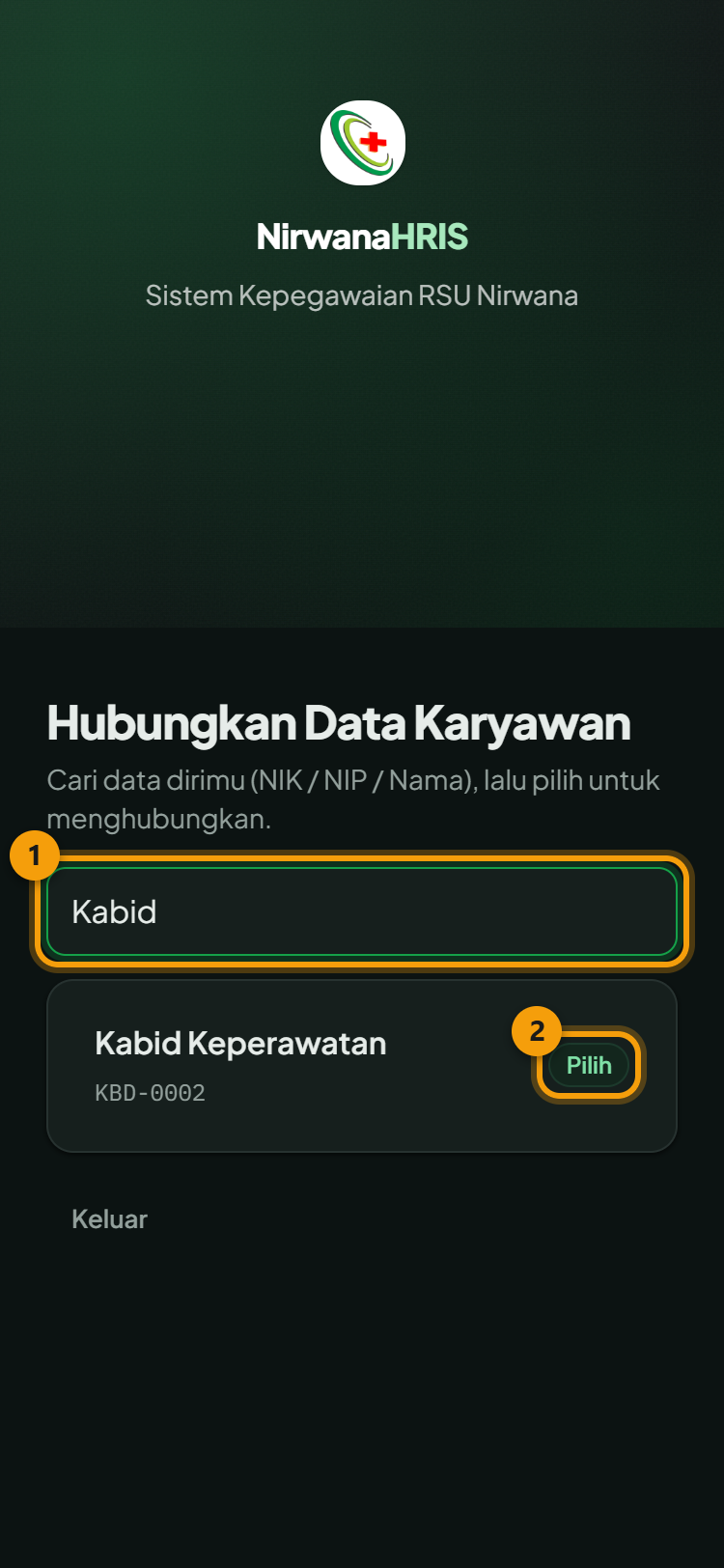 Klaim akun: ① ketik nama, NIP, atau NIK — ② tekan Pilih pada baris nama Anda