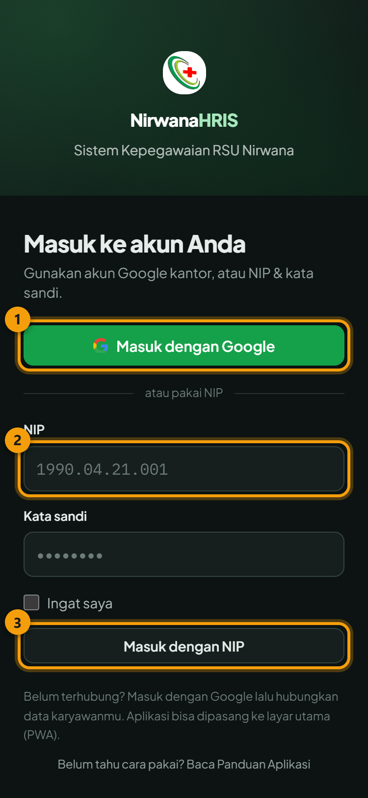 Halaman masuk: ① masuk dengan Google, ② kolom NIP, ③ tombol Masuk dengan NIP