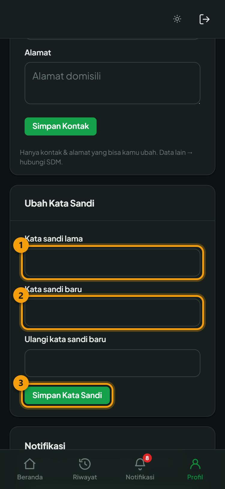 Bagian kata sandi di Profil: ① kata sandi lama, ② kata sandi baru, ③ tombol simpan