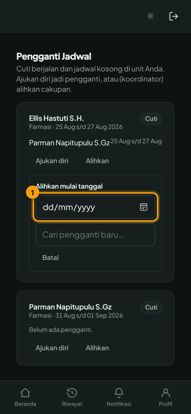 ① Tanggal mulai peralihan — pengganti lama tetap memegang hari sebelumnya